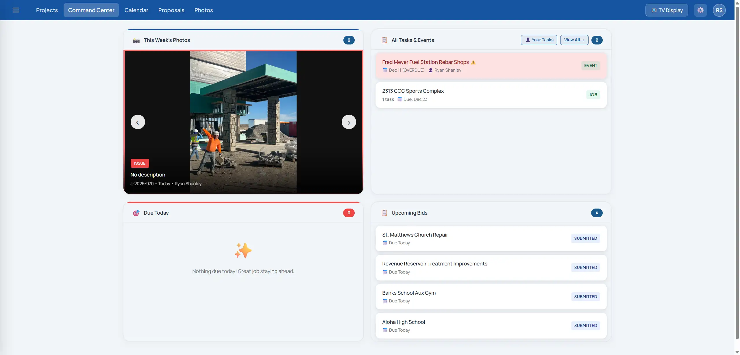 PM4Subs command center dashboard with RFI alerts and project status for field crews