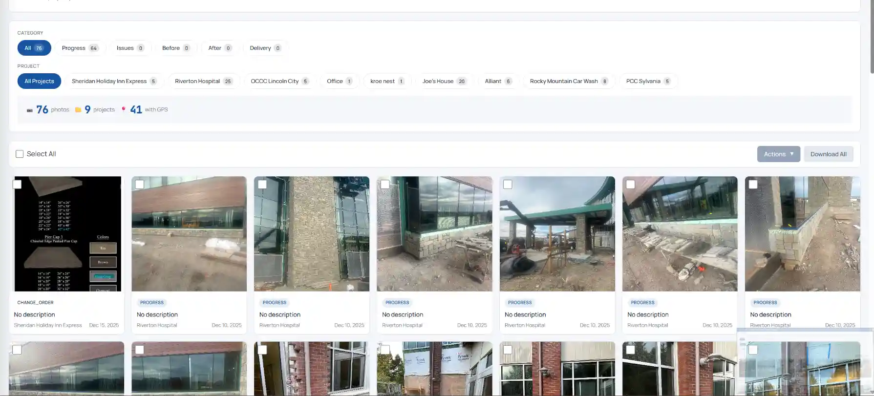 Construction photo management with GPS tagging and category filters for jobsite documentation