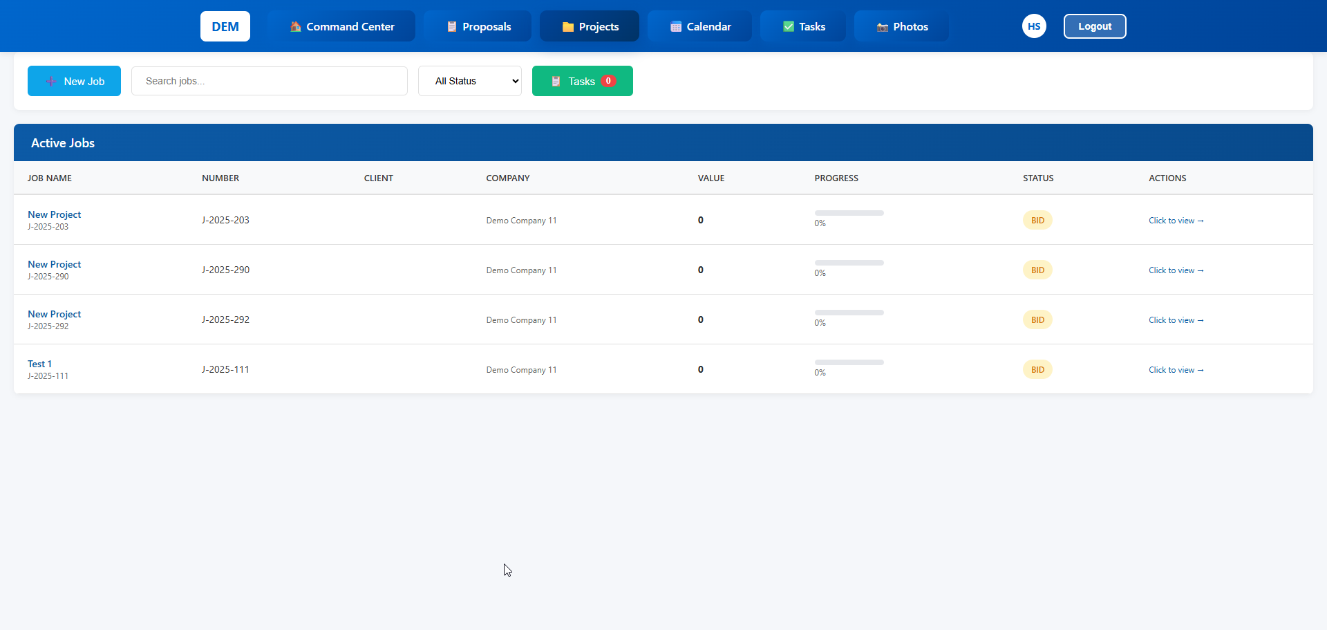 Active jobs dashboard