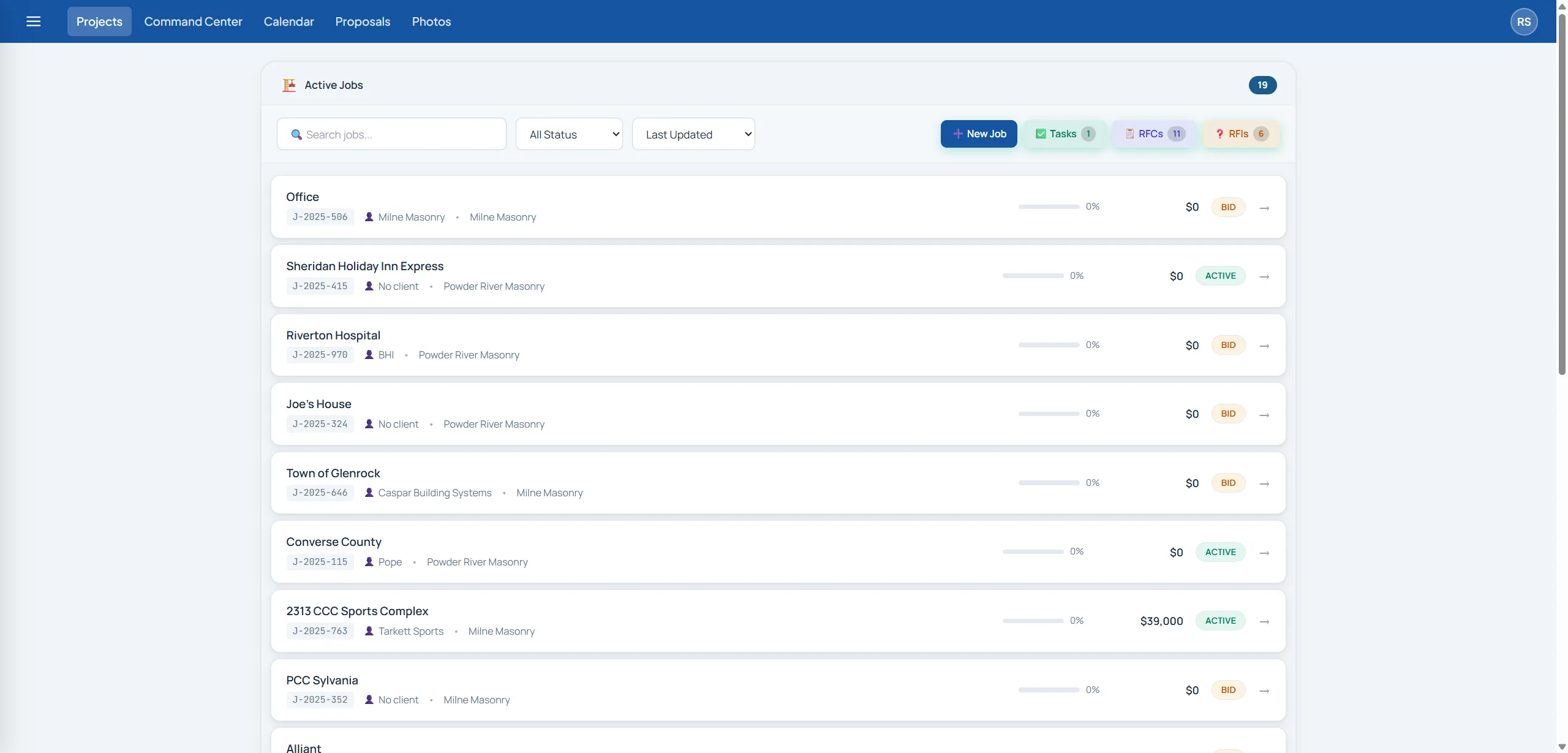 PM4Subs project dashboard showing active construction jobs for masonry and concrete subcontractors